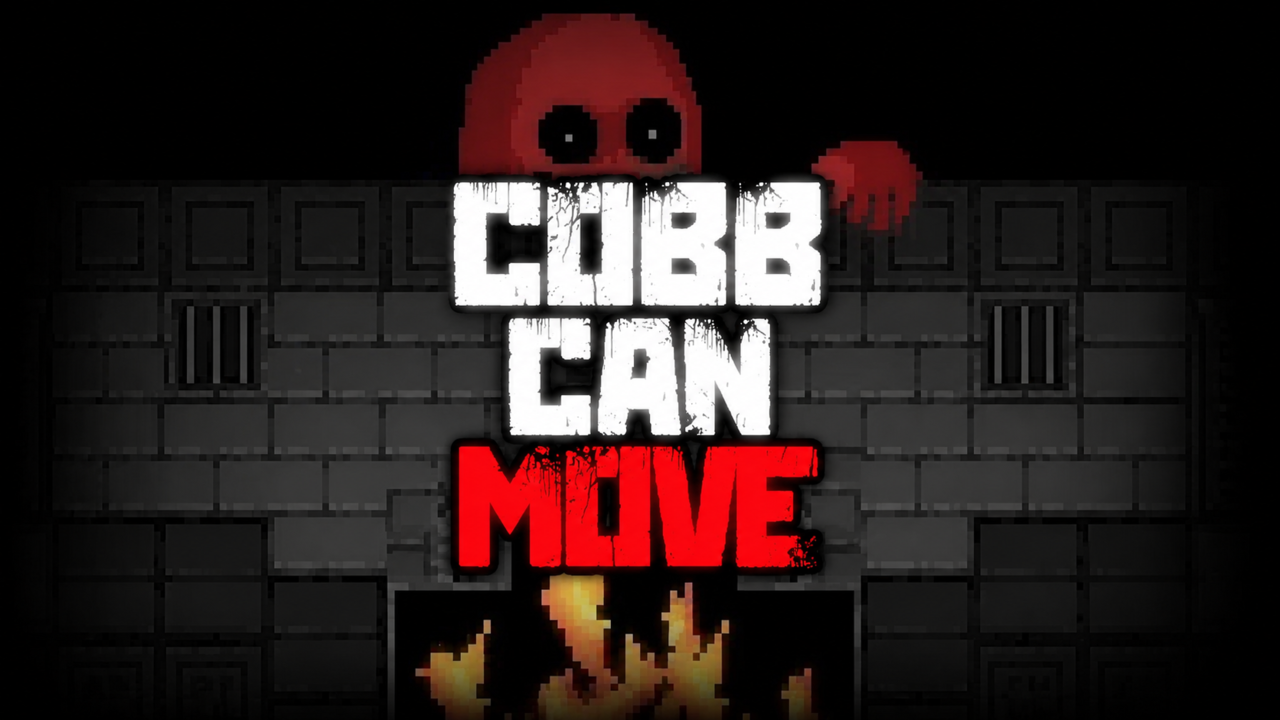 Cobb Can Move logo on a brick wall with a red creature peeking over and flames below