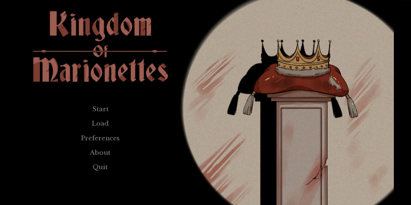 Kingdom of Marionettes title screen with a crowned puppet door