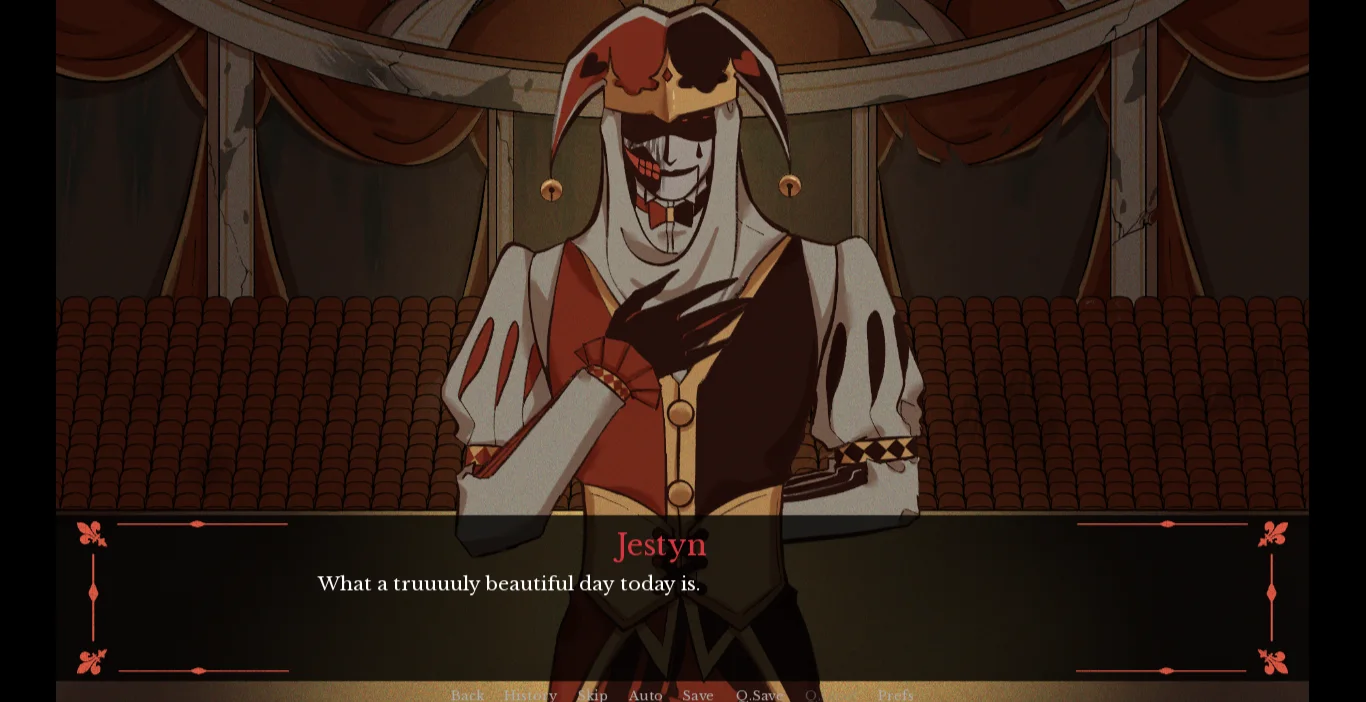 Jestyn the jester speaking in front of the theater seats